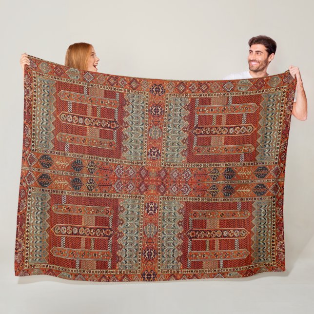 Oriental rug design in orange fleece blanket (In Situ)