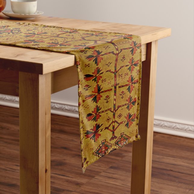 Oriental rug design - orange geometric leaves short table runner (In Situ)