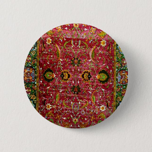 Oriental rug in red and green 2 inch round button (Front)