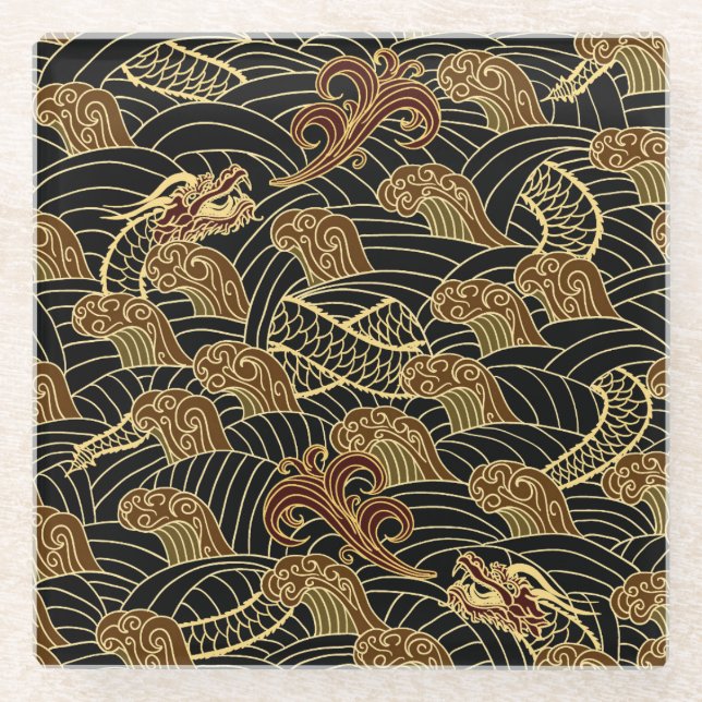 Oriental Sea Dragon Pattern Glass Coaster (Front)