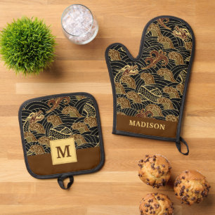 Oriental Sea Dragon Pattern Oven Mitt & Pot Holder Set