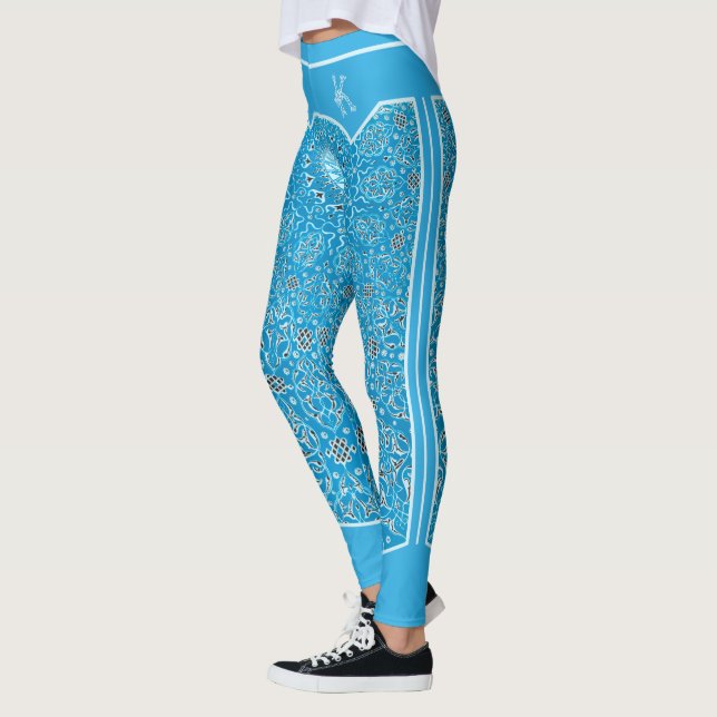 Oriental Sky Blue Arabesques Monogram Customized Leggings (Left)