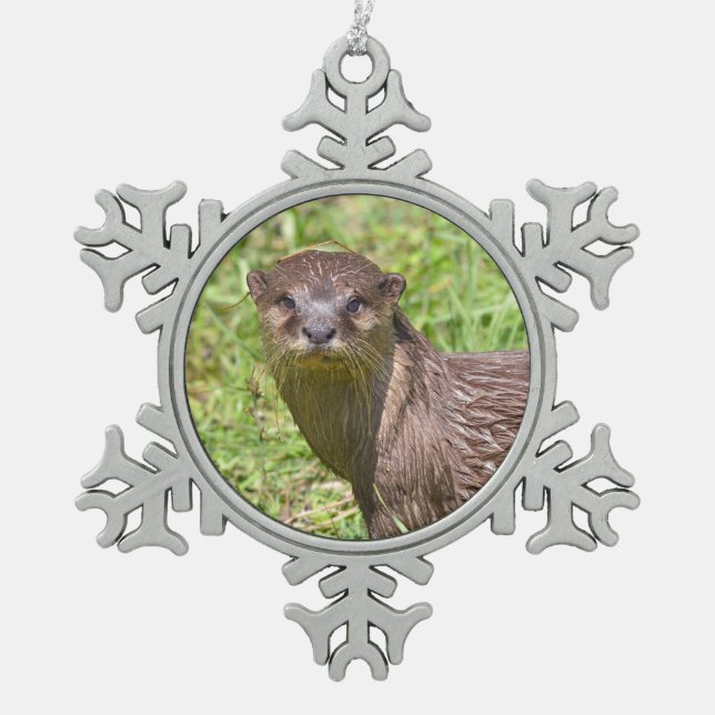 Oriental Small-clawed Otter in grass Snowflake Pewter Christmas Ornament (Front)