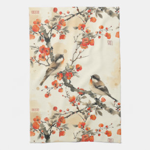 Oriental Songbirds and Blossom - Traditional Asian Kitchen Towel