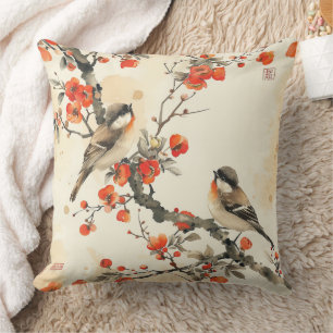 Oriental Songbirds and Blossom - Traditional Asian Throw Pillow