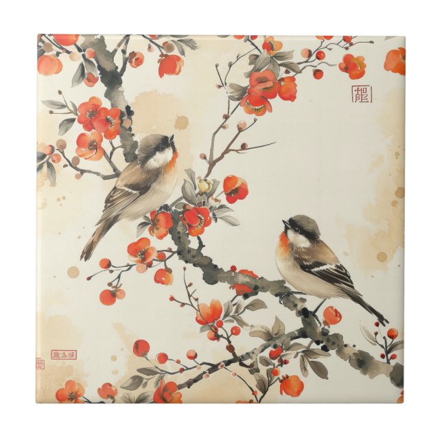 Oriental Songbirds and Blossom - Traditional Asian Tile (Front)