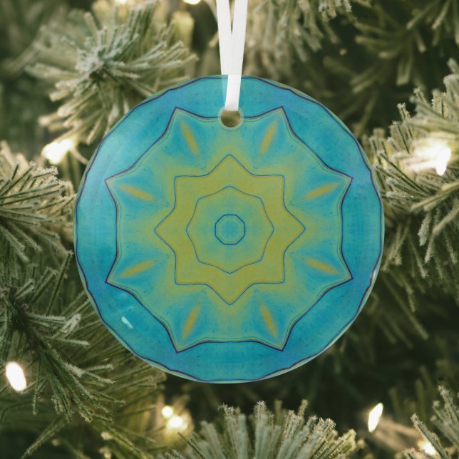 Oriental Star in Blue and Old Gold Yellow Glass Ornament (Insitu)