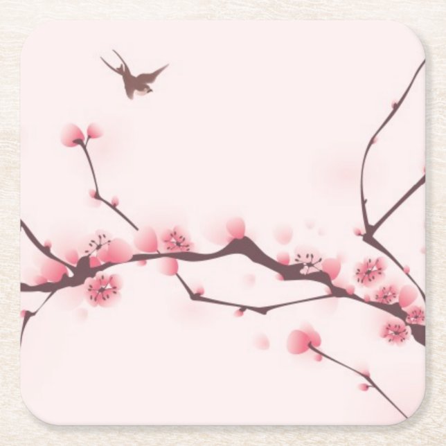 Oriental style painting, cherry blossom square paper coaster (Front)