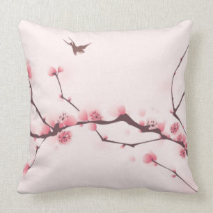 Oriental style painting, cherry blossom throw pillow
