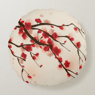 Oriental style painting, plum blossom in spring 2 round pillow