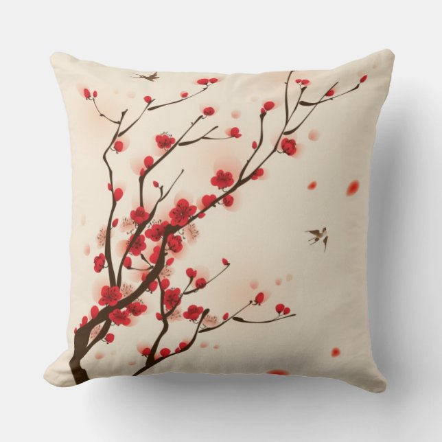 Oriental style painting, plum blossom in spring 2 throw pillow (Front)