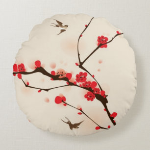 Oriental style painting, plum blossom in spring 3 round pillow