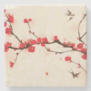 Oriental style painting, plum blossom in spring 3 stone coaster
