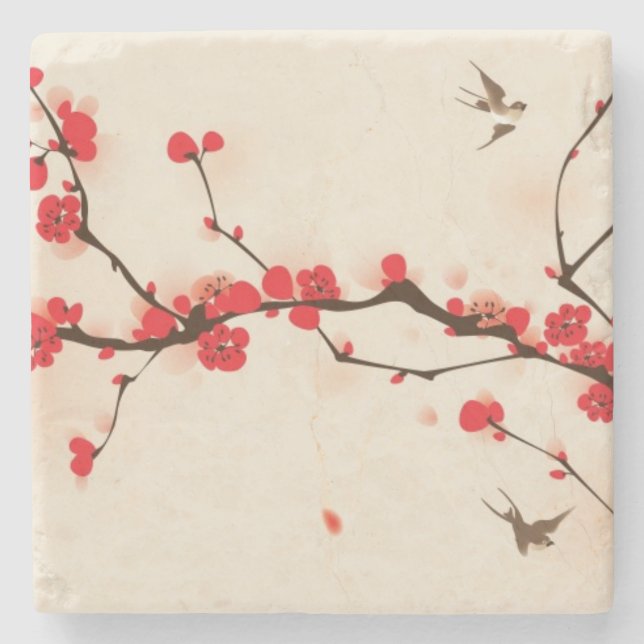 Oriental style painting, plum blossom in spring 3 stone coaster (Front)