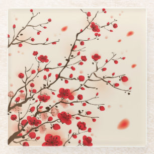 Oriental style painting, plum blossom in spring glass coaster
