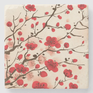 Oriental style painting, plum blossom in spring stone coaster