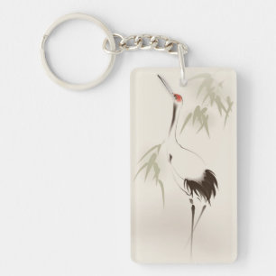 Oriental style painting, Red-crowned Crane Keychain