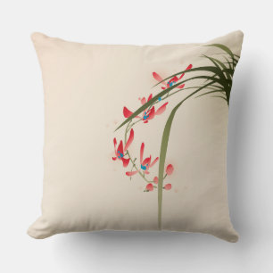oriental style painting, red orchid flower throw pillow