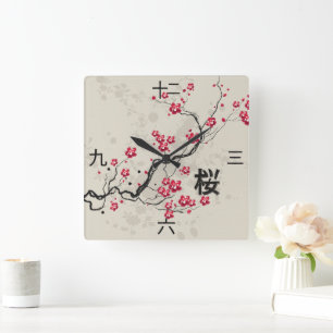 Oriental Style Sakura  art with kanji numbers Square Wall Clock