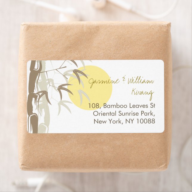 Oriental Sunrise Bamboo Garden Zen Wedding Labels (En situation)