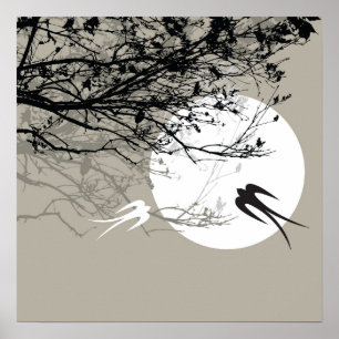 Oriental Swallows in Moonlight Zen Grey Poster