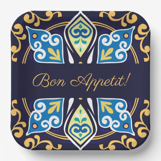 Oriental tiles, Azulejos , customizable Square  Paper Plate (Front)