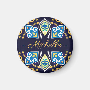 Oriental tiles, Azulejos , with name  round Magnet