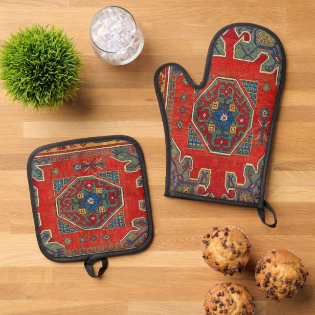 Oriental Turkish Carpet Rug Oven Mitt & Pot Holder Set (Top Down)