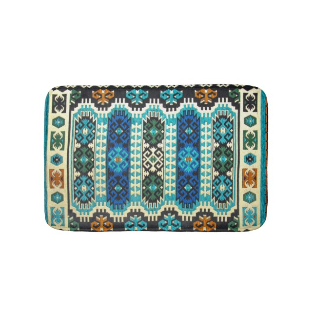 Oriental Turkish Persian Carpet Blue Green Bath Mat (Front)