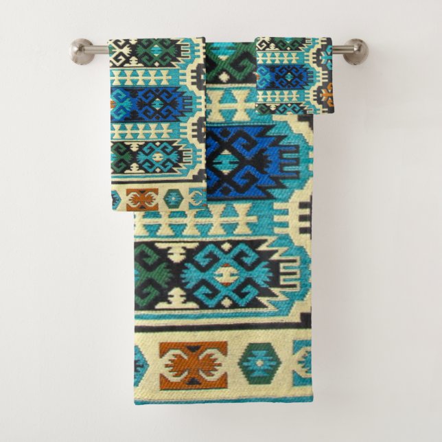 Oriental Turkish Persian Carpet Blue Green Bath Towel Set (Insitu)