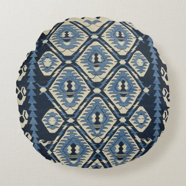 Oriental Turkish Persian Carpet Blue Round Pillow (Front)