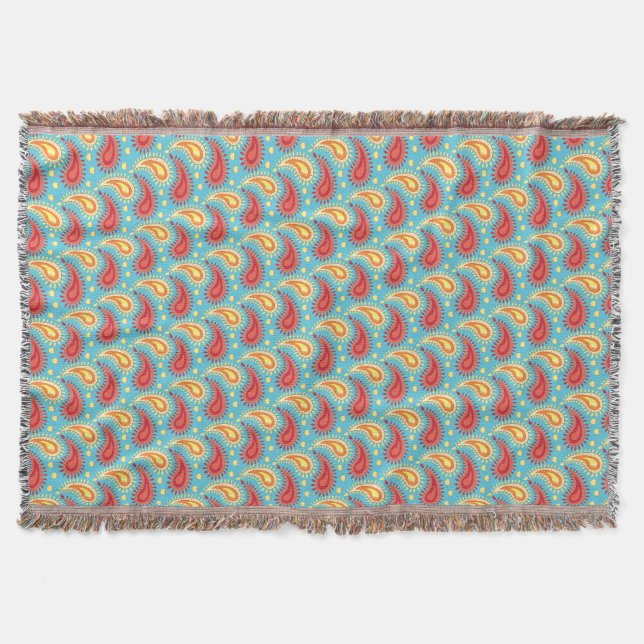 Oriental Turquoise Orange Persian Paisley Pattern Throw Blanket (Front)