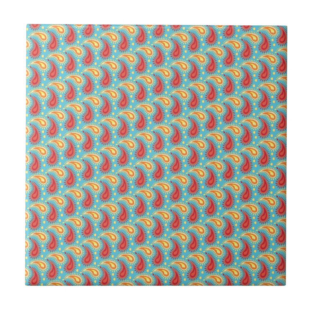 Oriental Turquoise Orange Persian Paisley Pattern Tile (Front)