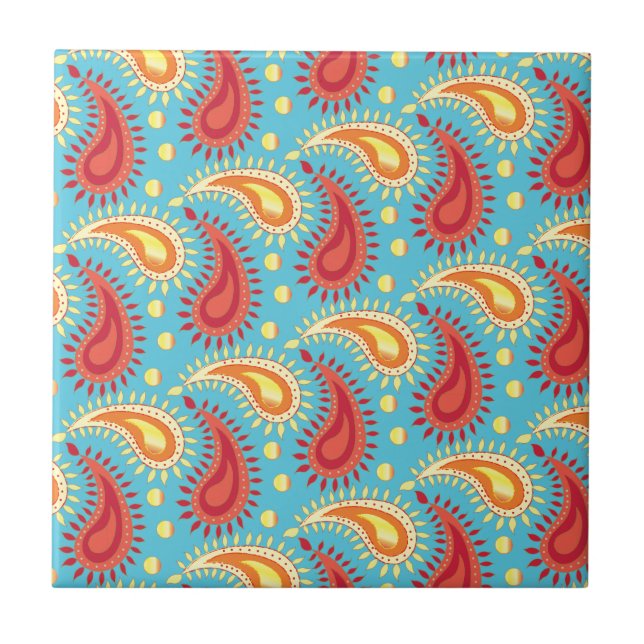 Oriental Turquoise Orange Persian Paisley Pattern Tile (Front)