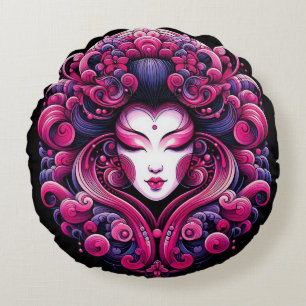 Oriental vector abstract Geisha fractal pink waves Round Pillow
