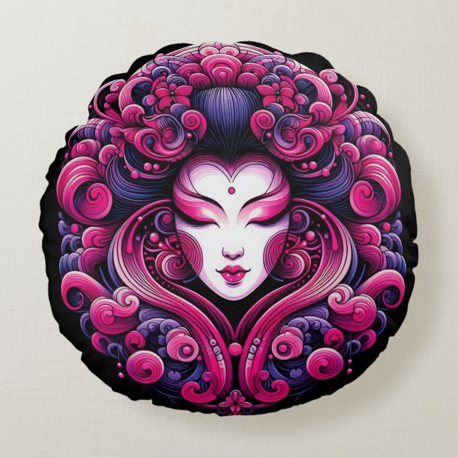 Oriental vector abstract Geisha fractal pink waves Round Pillow (Front)