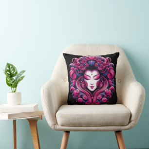 Oriental vector abstract Geisha fractal pink waves Throw Pillow