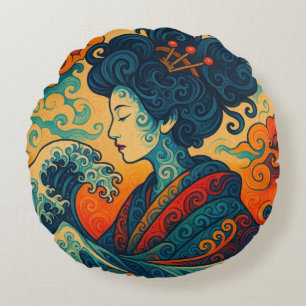Oriental vector abstract Geisha Kanagawa waves Round Pillow