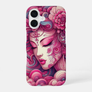 Oriental vector abstract Geisha pink fractal waves iPhone 16 Case