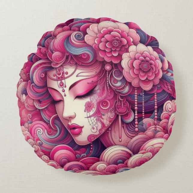 Oriental vector abstract Geisha pink fractal waves Round Pillow (Front)