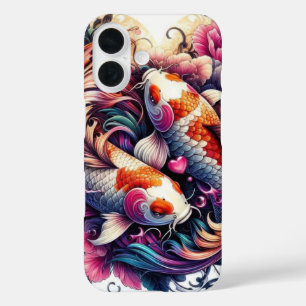 Oriental vibrant abstract koi fishes waves sakura iPhone 16 case