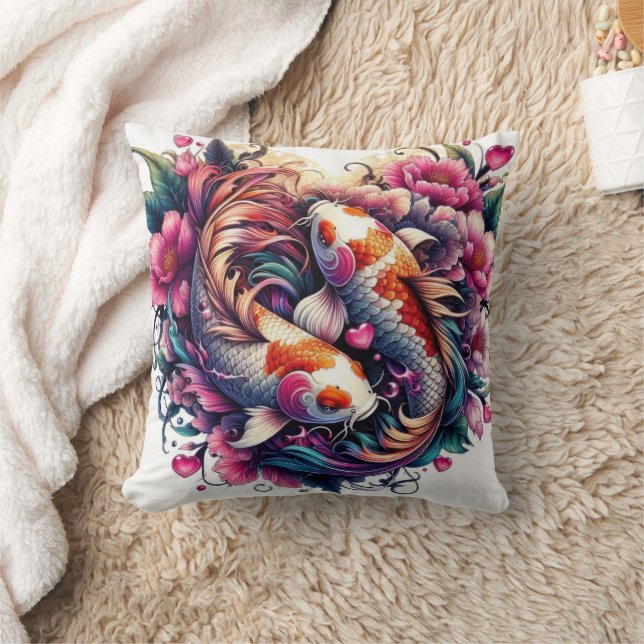 Oriental vibrant abstract koi fishes waves sakura throw pillow (Blanket)