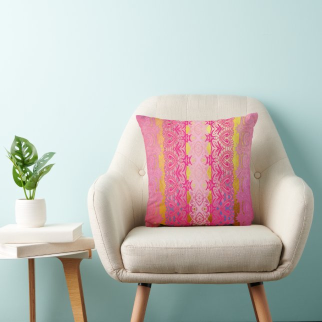 oriental Vibrant Geometric Stripe in pink Throw Pillow (Chair)