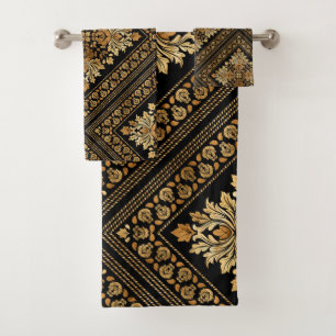 Oriental Vintage Damask pattern - Black and gold Bath Towel Set