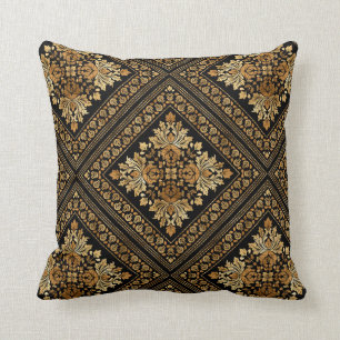 Oriental Vintage Damask pattern - Black and gold Throw Pillow