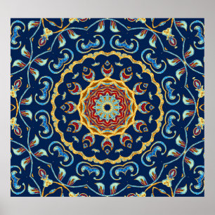 Oriental Watercolor Floral Mandala Carpet Poster