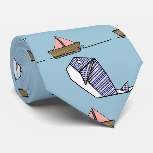 Origami Blue Whale And Paper Boat Tie (Rolled)
