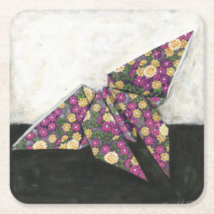 Origami Butterfly on Floral Paper Square Paper Coaster