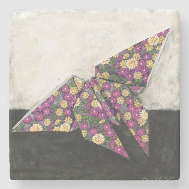 Origami Butterfly on Floral Paper Stone Coaster (Front)
