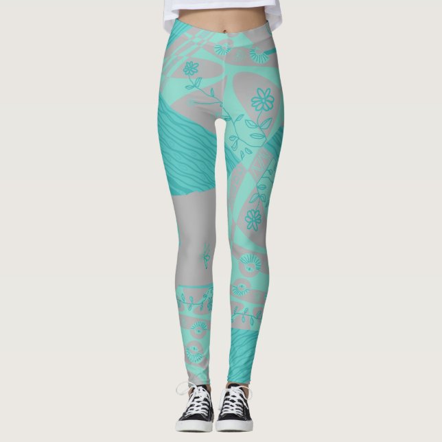 Origami Chintz (L) Dusty Blue Grey Leggings (Front)